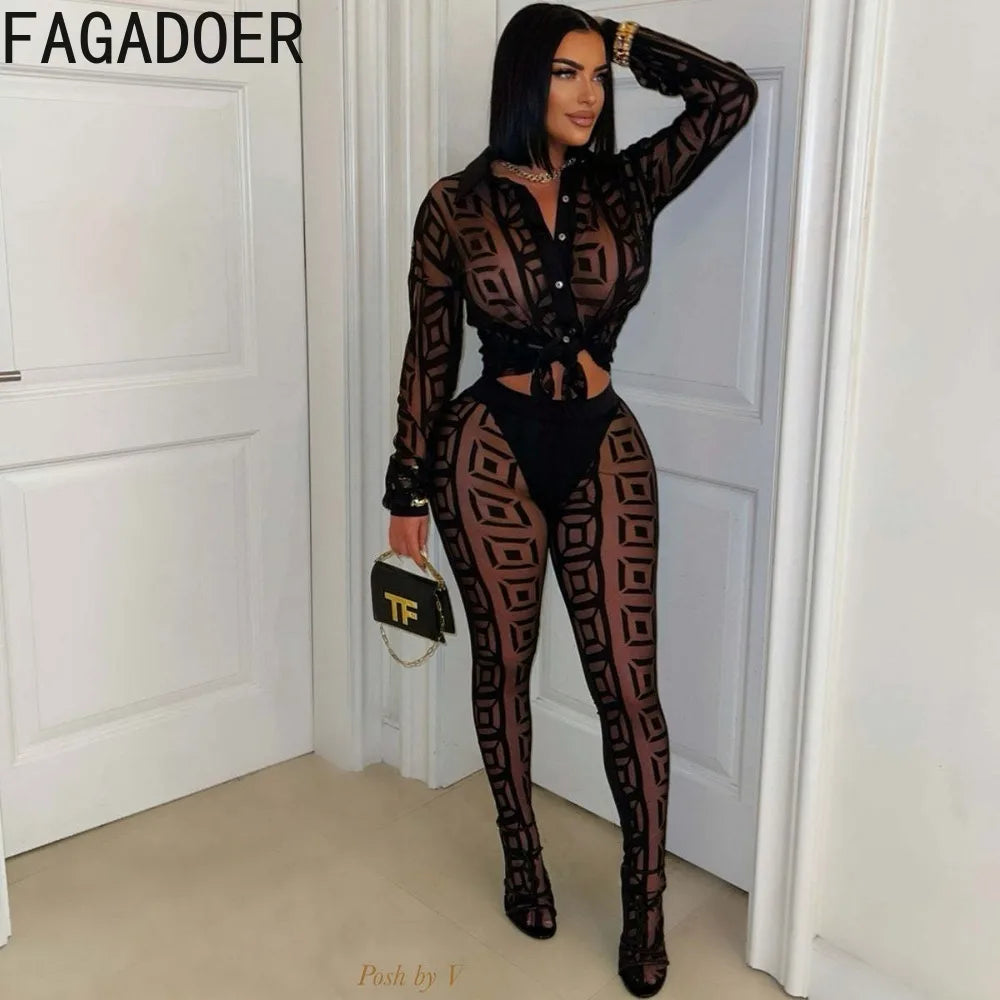 FAGADOER Sexy Mesh Women 2 Piece Set Outfit See Through