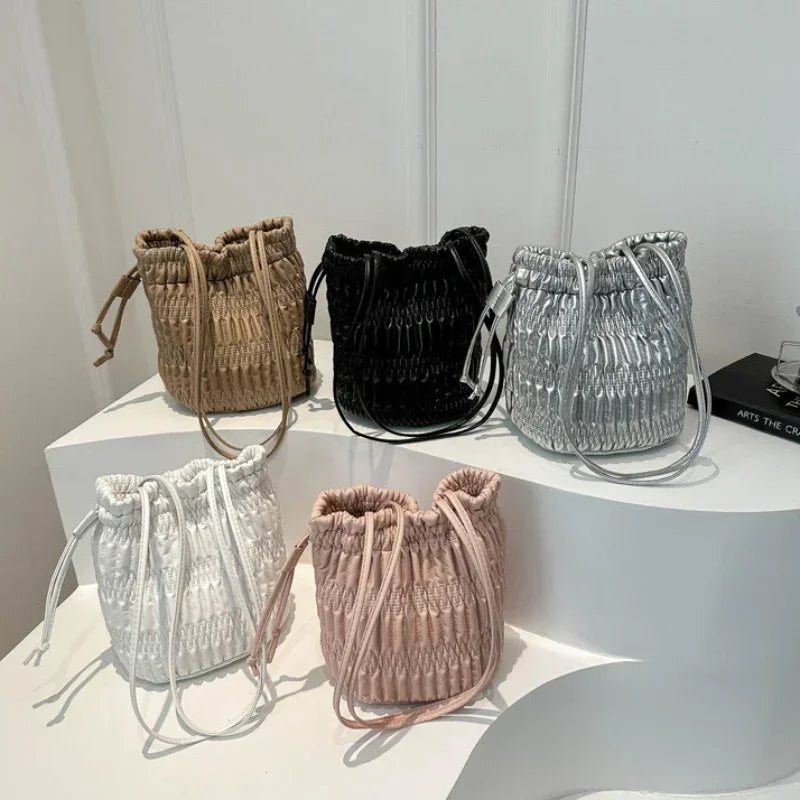 Silver Pleated Drawstring Shoulder Bucket Bags Women