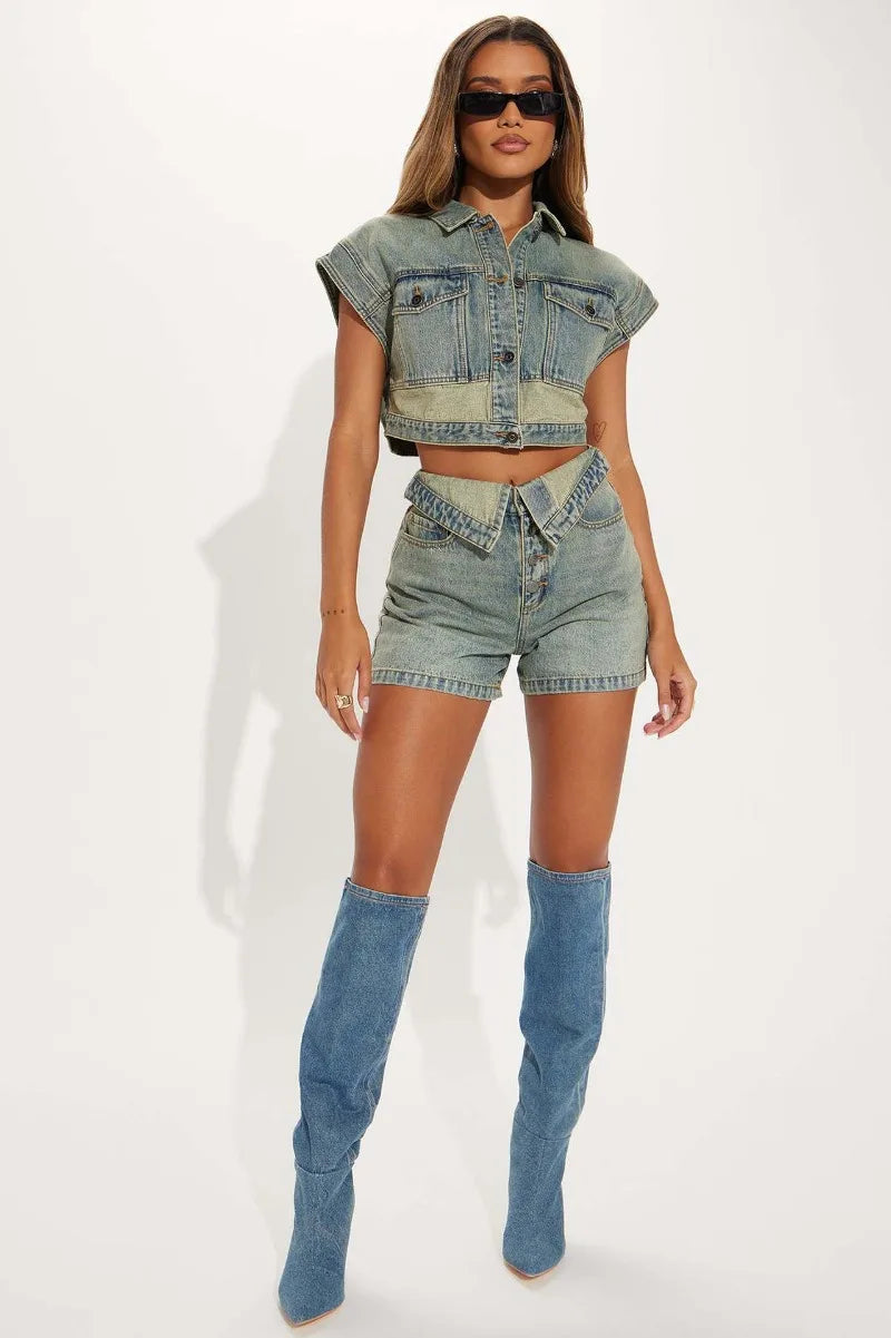 Women Fashion Denim 2 Piece Set Turn Down Collar Short Sleeve