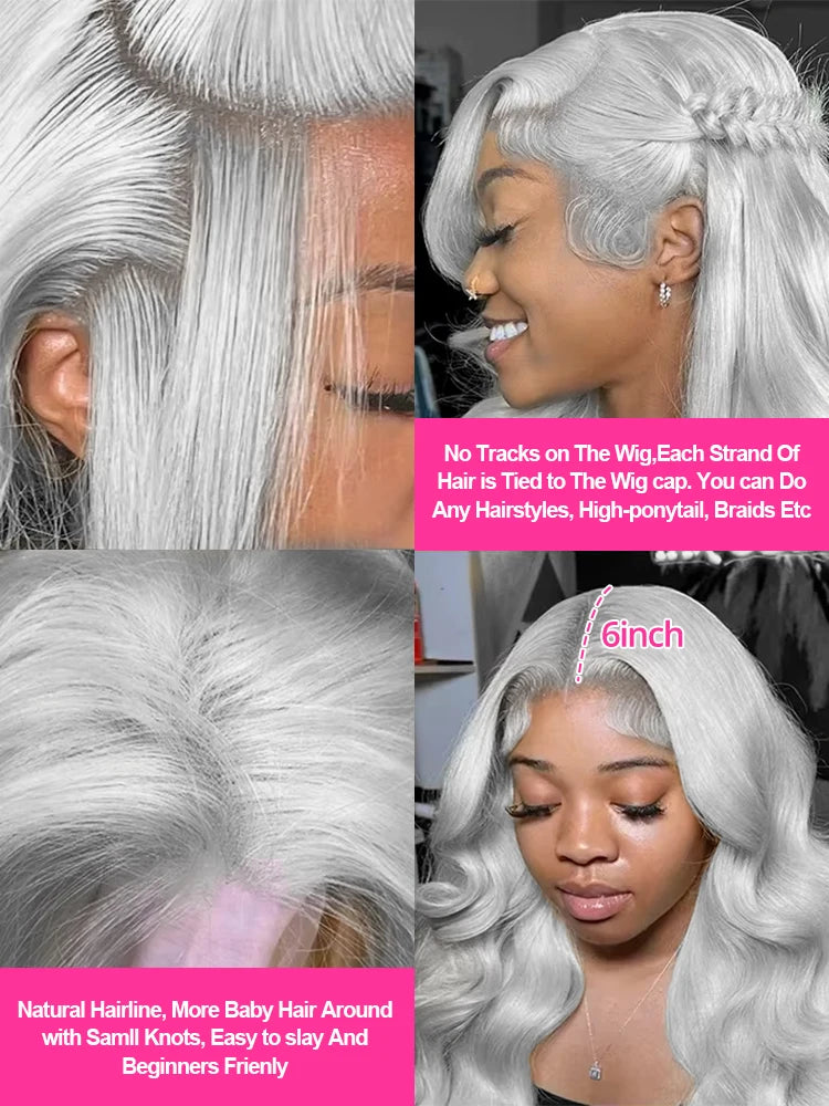 250% Silver Grey Human Hair Wig Body Wave Raw
