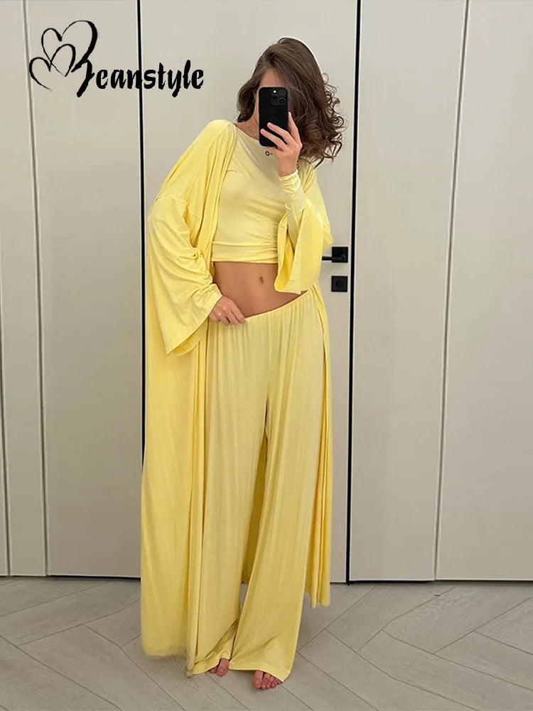Casual Yellow Women 3 Pieces Suits 2025 V-neck Long Coat