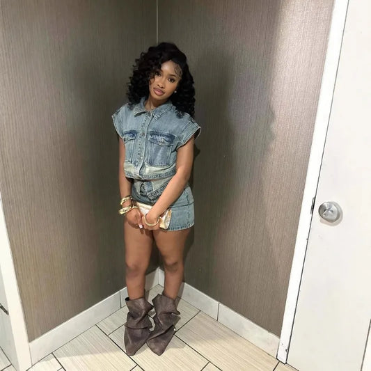 Women Fashion Denim 2 Piece Set Turn Down Collar Short Sleeve