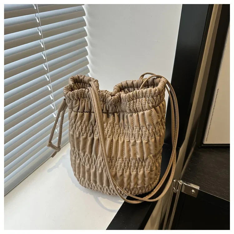 Silver Pleated Drawstring Shoulder Bucket Bags Women