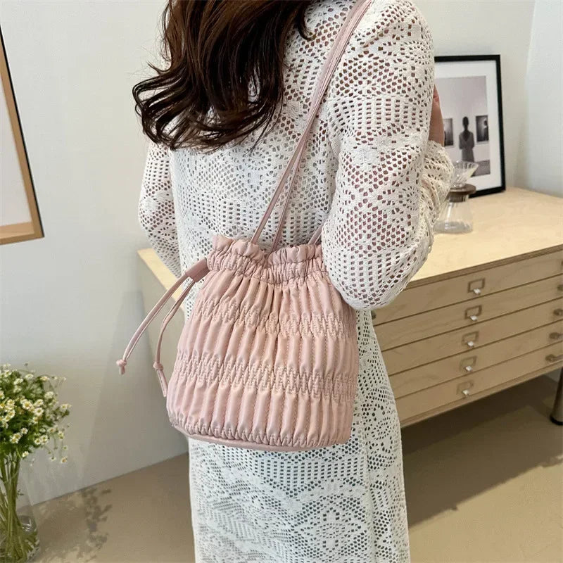 Silver Pleated Drawstring Shoulder Bucket Bags Women