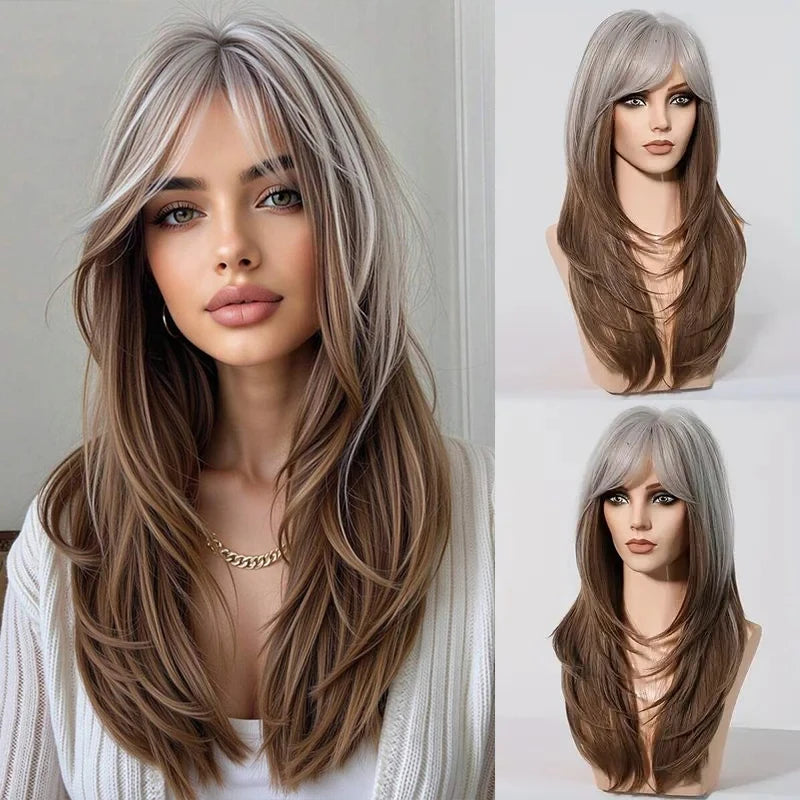 EASIHAIR Women Synthetic Wigs Long Brown Ombre Blonde Layered Hair Straight Wigs