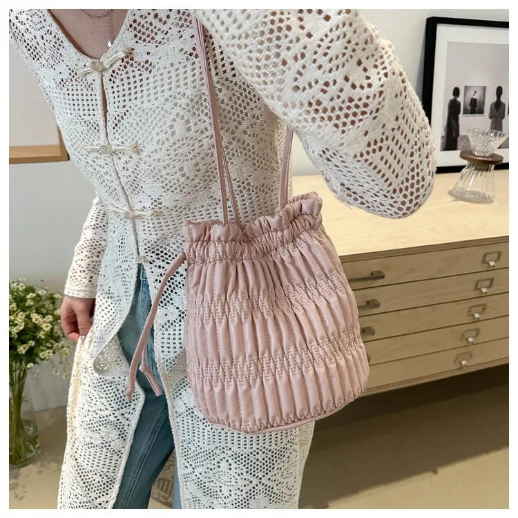 Silver Pleated Drawstring Shoulder Bucket Bags Women