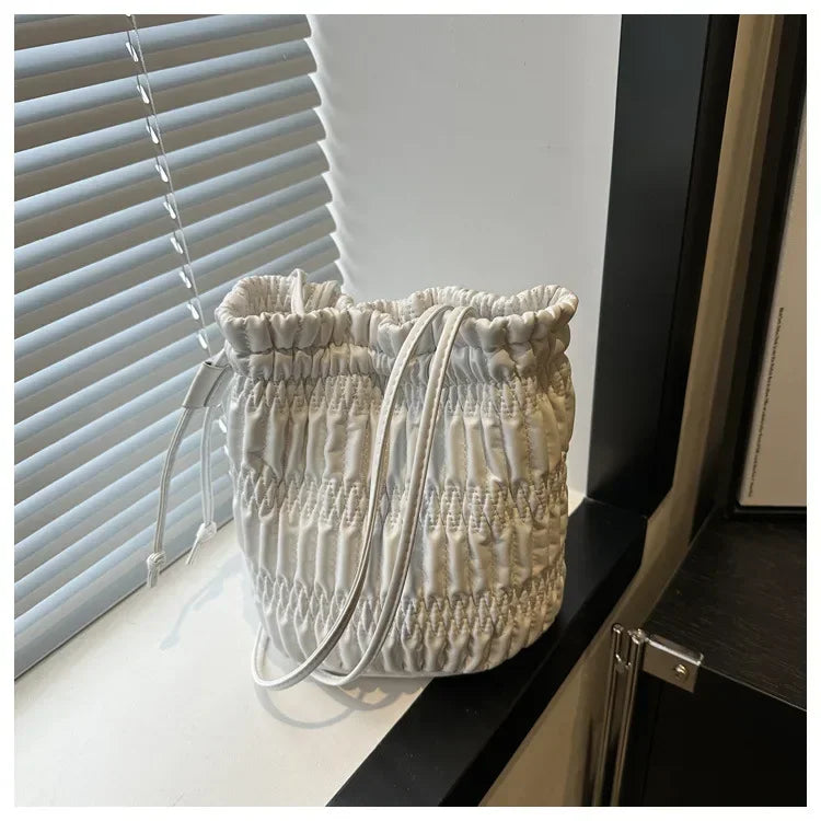 Silver Pleated Drawstring Shoulder Bucket Bags Women