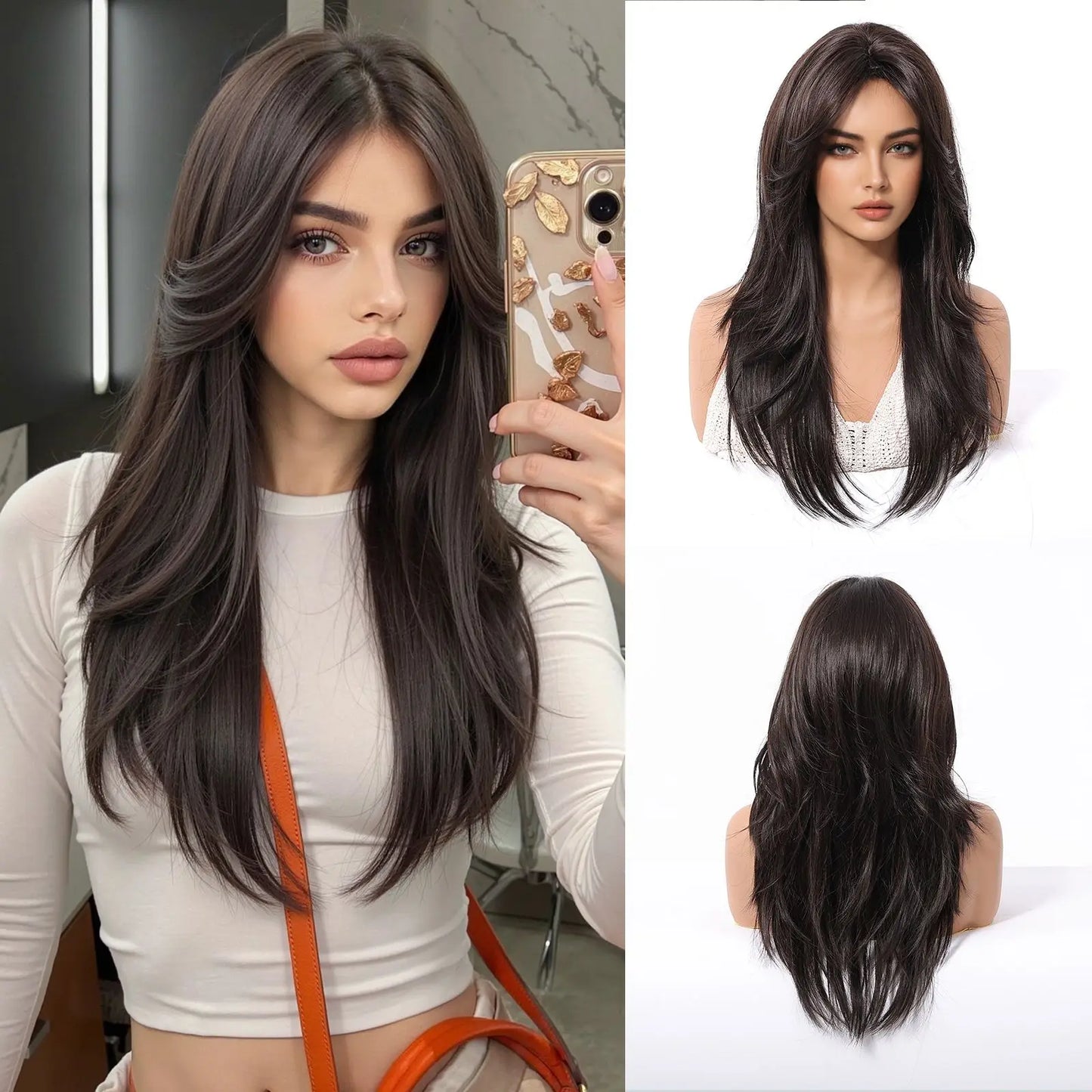 EASIHAIR Women Synthetic Wigs Long Brown Ombre Blonde Layered Hair Straight Wigs