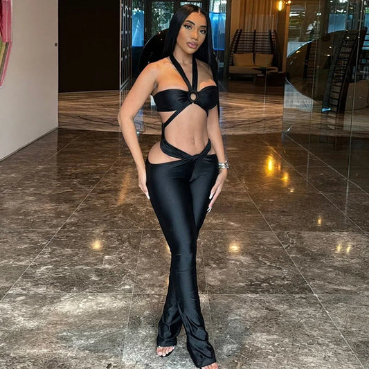 Bandage Sexy Hollow Out 2 Piece Sets Flare Pants Women Luxury