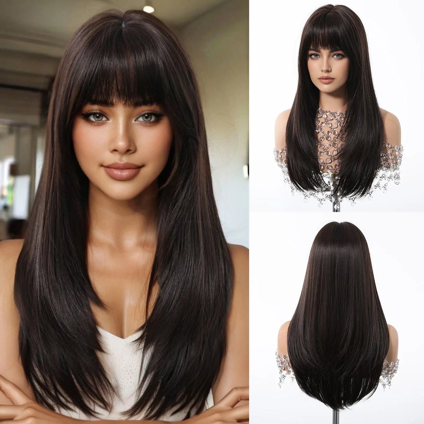 EASIHAIR Women Synthetic Wigs Long Brown Ombre Blonde Layered Hair Straight Wigs