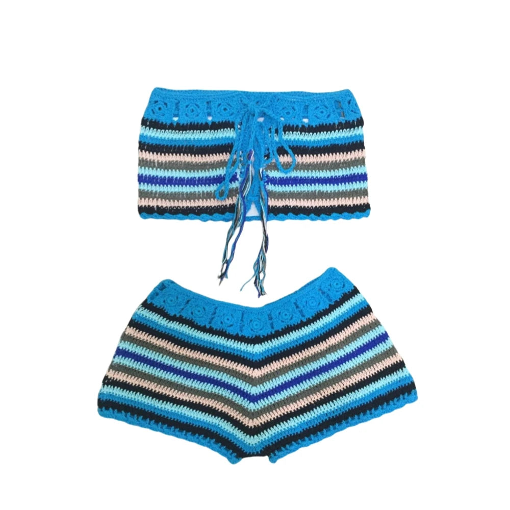 FAGADOER Y2k Sexy Knit 2 Piece Sets Women Outfit Tube Stripe Lace
