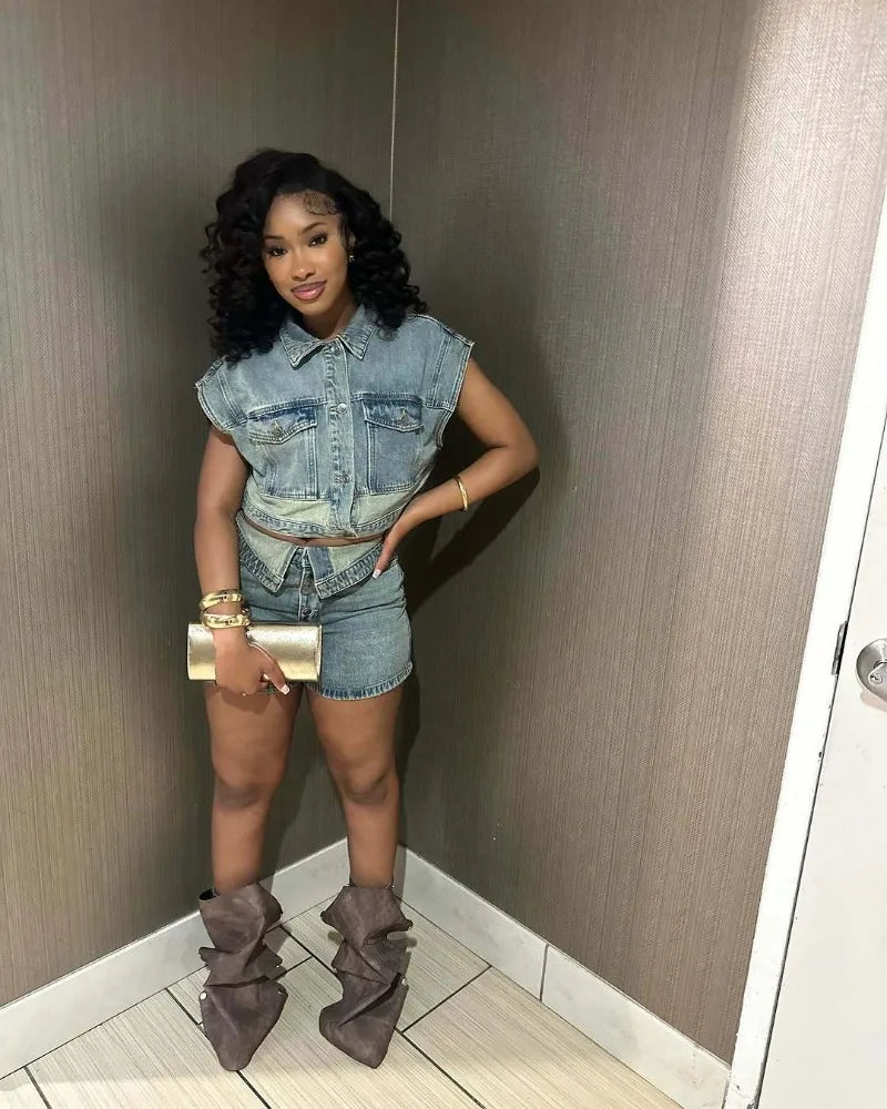 Women Fashion Denim 2 Piece Set Turn Down Collar Short Sleeve