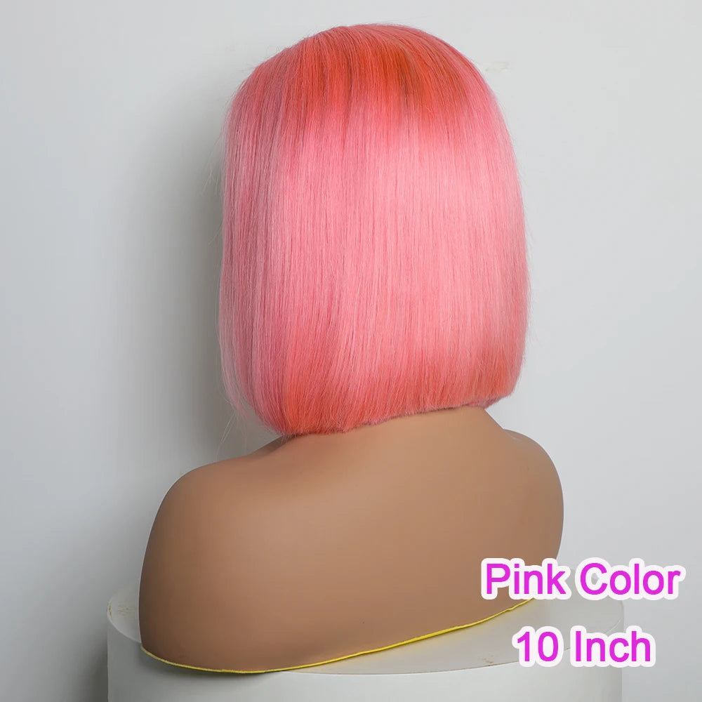 Pink Bob Wig Human Hair 180% Denity