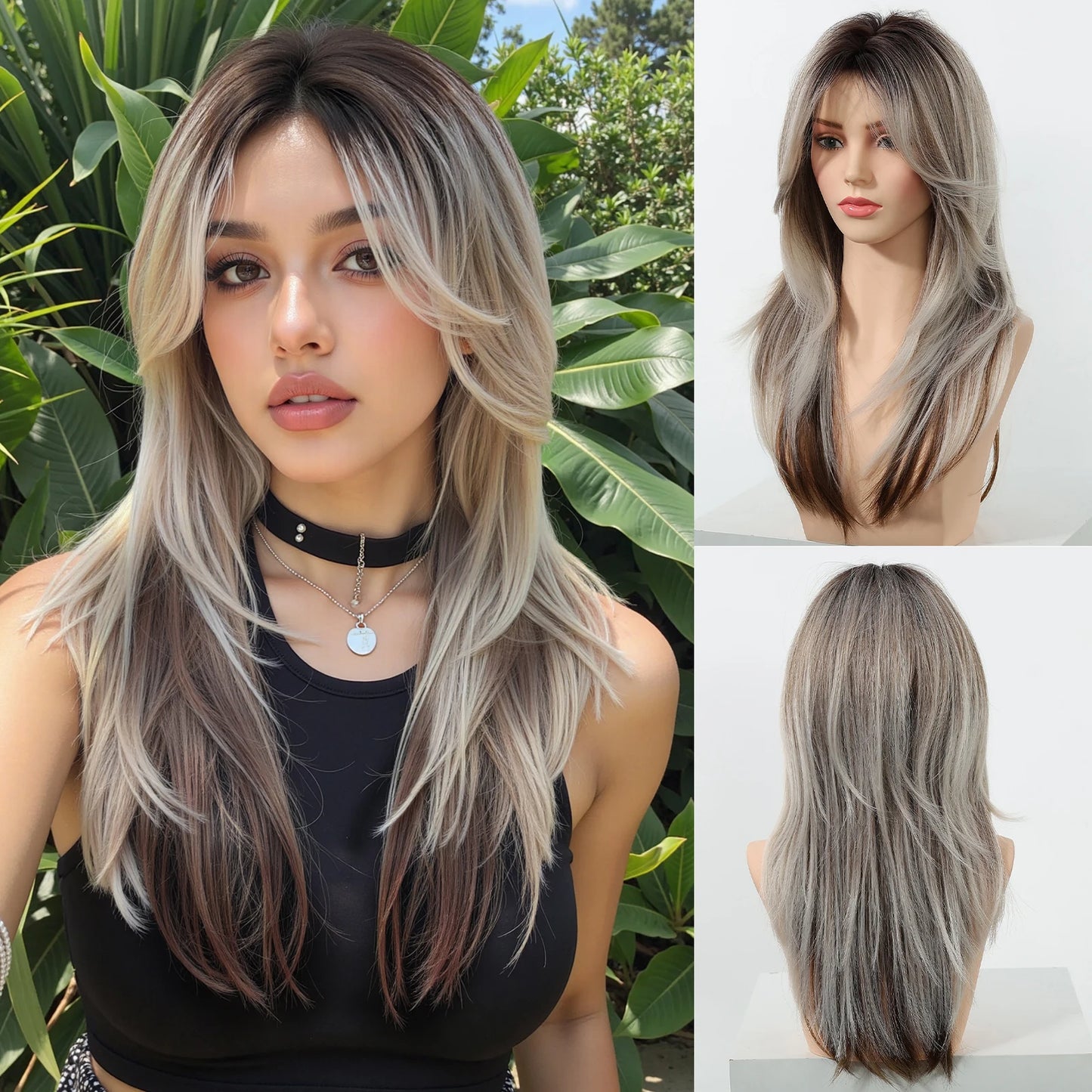 EASIHAIR Brown Straight Layered Wigs for Women Long Natural Hair