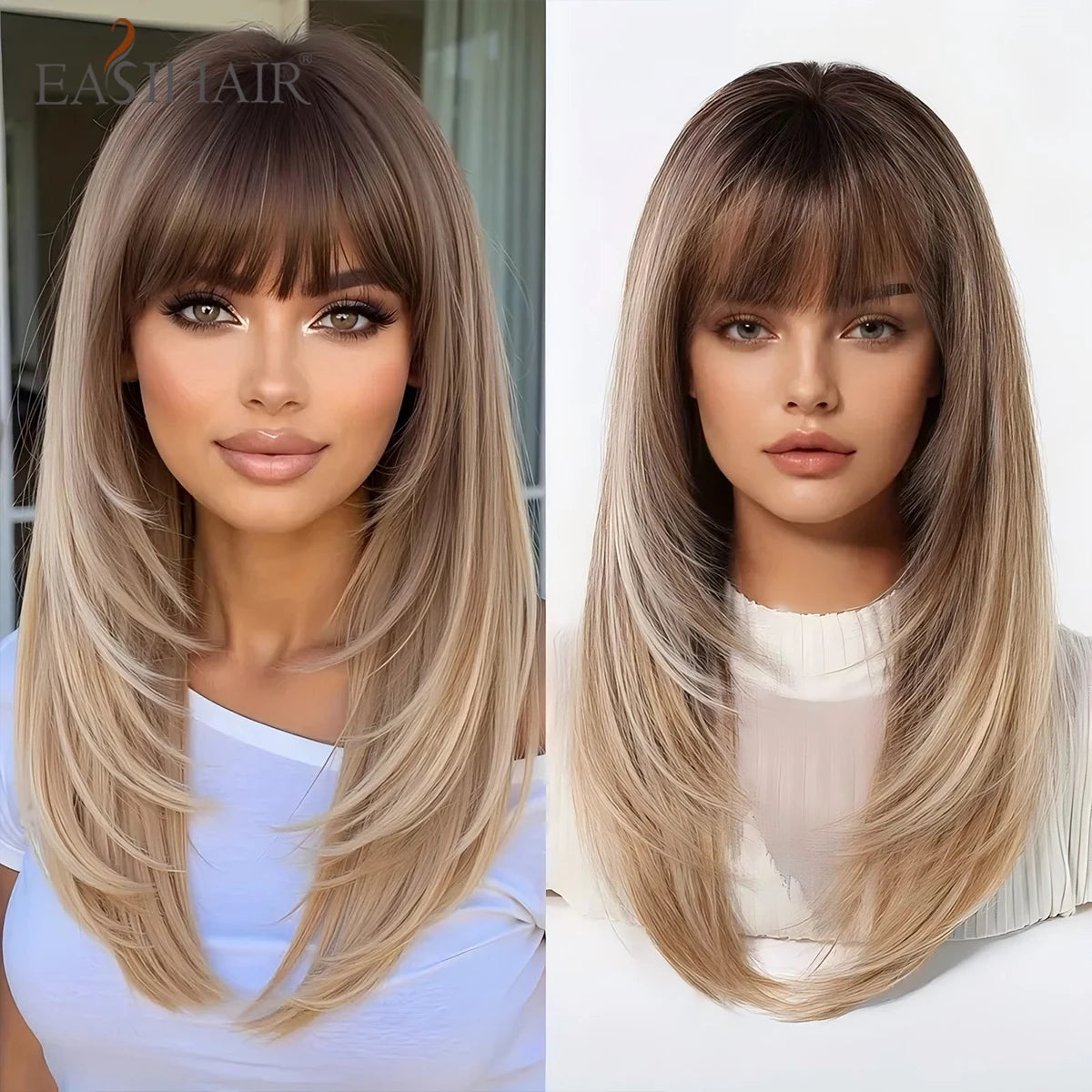 EASIHAIR Brown Straight Layered Wigs for Women Long Natural Hair
