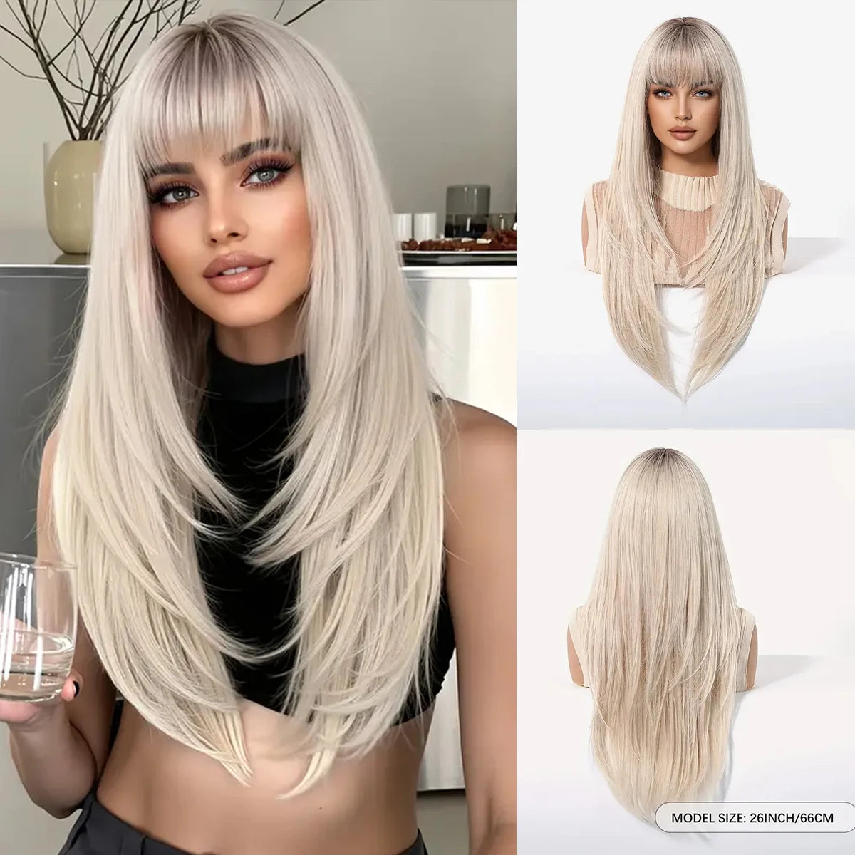 EASIHAIR Women Synthetic Wigs Long Brown Ombre Blonde Layered Hair Straight Wigs