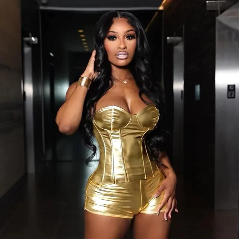 Women 2 Piece Shiny Silver Gold Leather Bustiers Corsets Slim Shorts