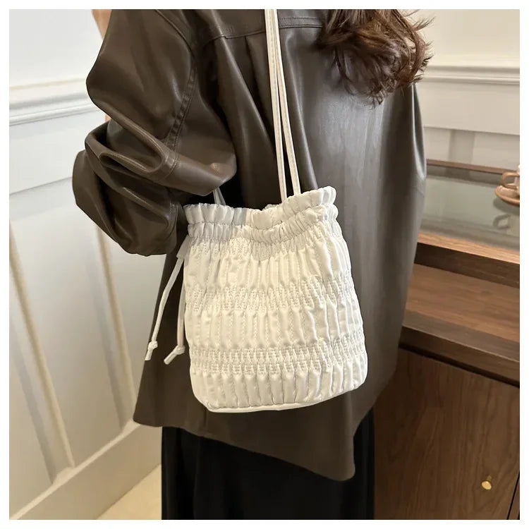 Silver Pleated Drawstring Shoulder Bucket Bags Women