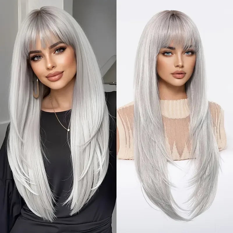 EASIHAIR Women Synthetic Wigs Long Brown Ombre Blonde Layered Hair Straight Wigs