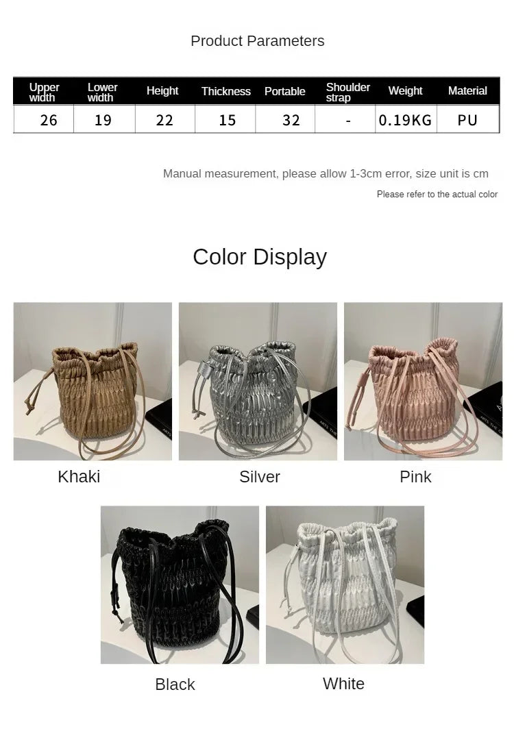 Silver Pleated Drawstring Shoulder Bucket Bags Women