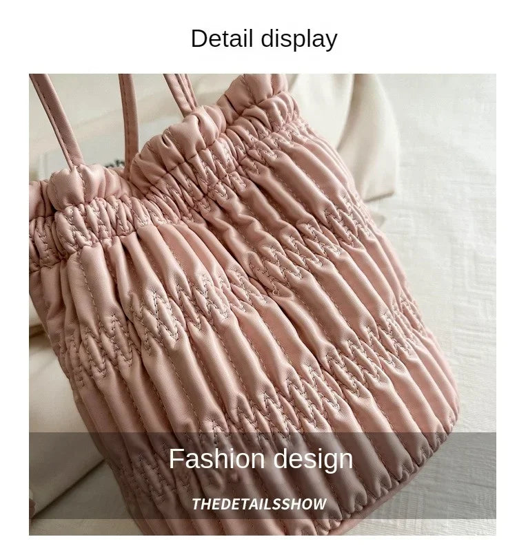 Silver Pleated Drawstring Shoulder Bucket Bags Women