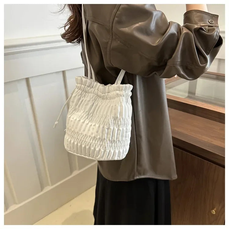 Silver Pleated Drawstring Shoulder Bucket Bags Women