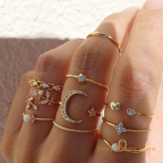 Store~10 Pcs/set Moon Star Rings Women Girls Bohemian