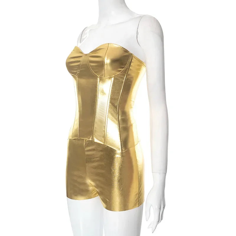 Women 2 Piece Shiny Silver Gold Leather Bustiers Corsets Slim Shorts