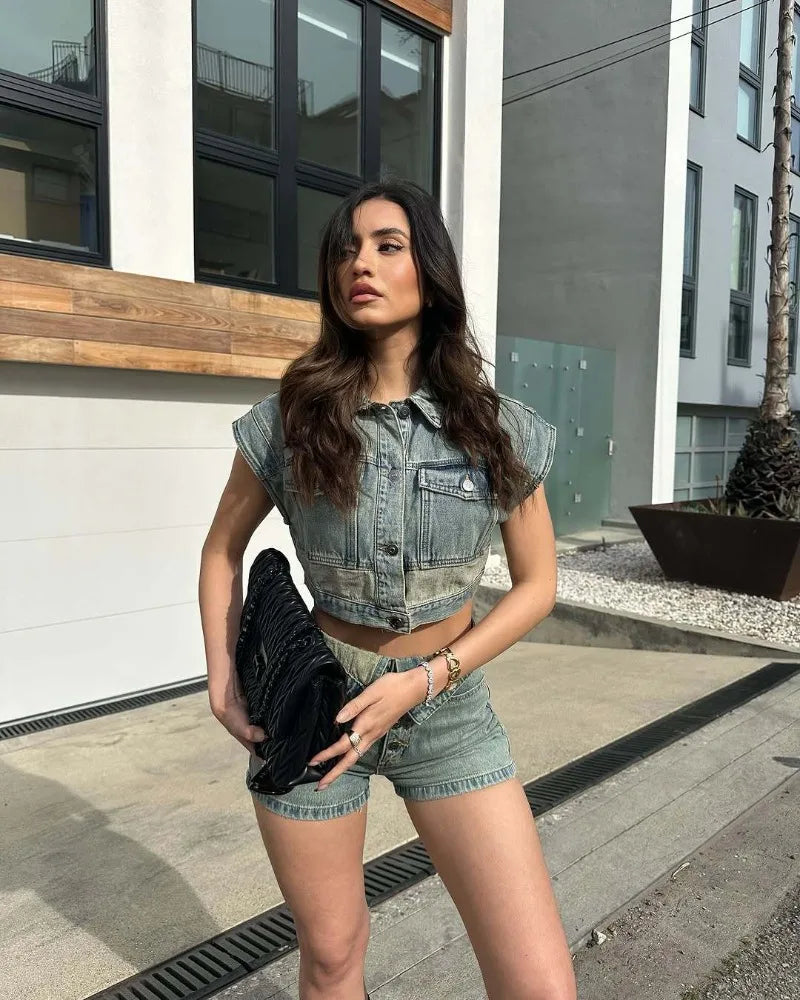 Women Fashion Denim 2 Piece Set Turn Down Collar Short Sleeve