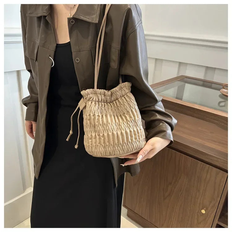 Silver Pleated Drawstring Shoulder Bucket Bags Women