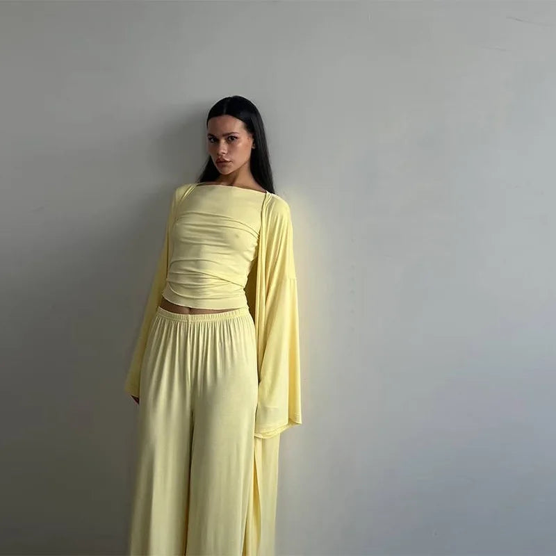 Casual Yellow Women 3 Pieces Suits 2025 V-neck Long Coat
