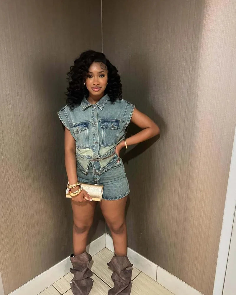 Women Fashion Denim 2 Piece Set Turn Down Collar Short Sleeve