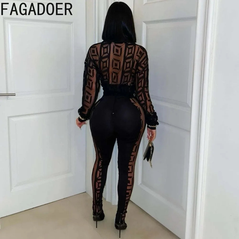 FAGADOER Sexy Mesh Women 2 Piece Set Outfit See Through
