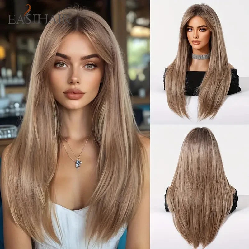 EASIHAIR Brown Straight Layered Wigs for Women Long Natural Hair