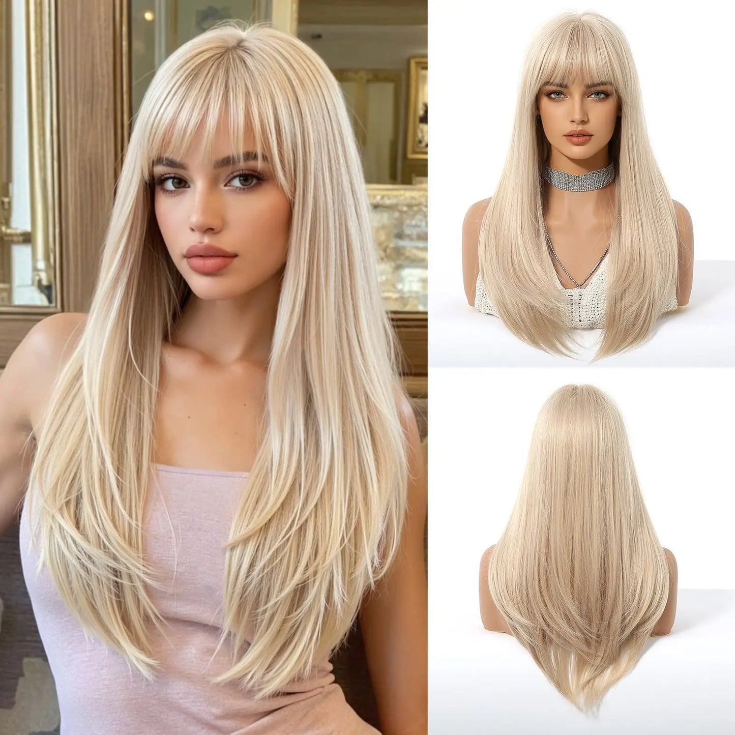 EASIHAIR Brown Straight Layered Wigs for Women Long Natural Hair