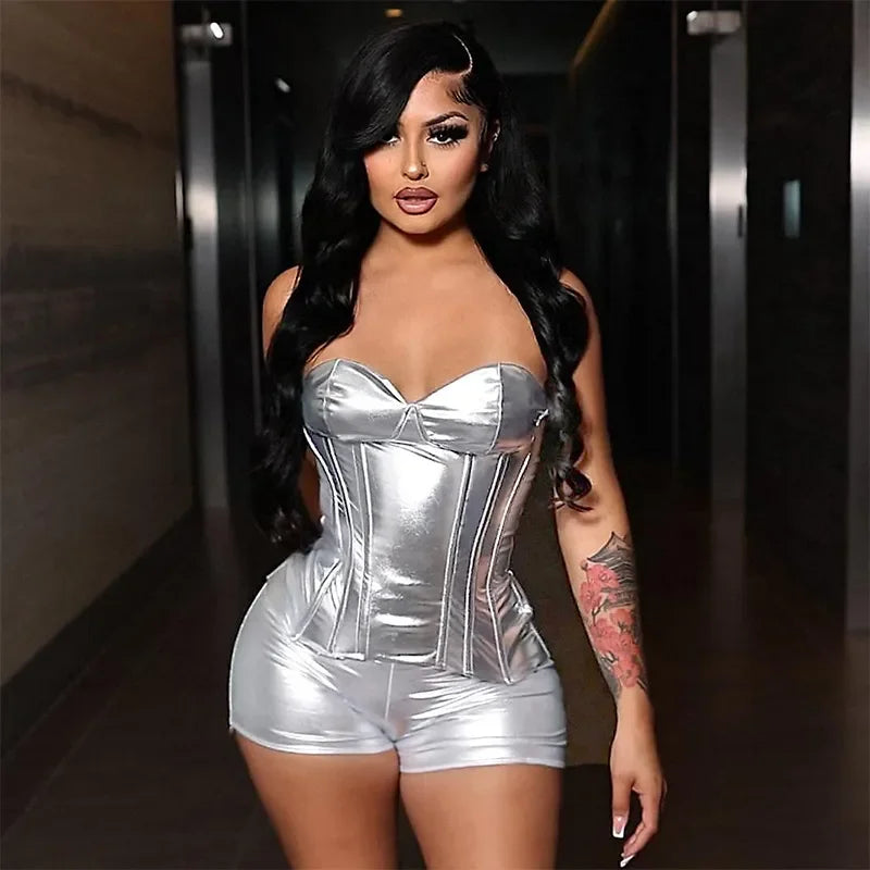 Women 2 Piece Shiny Silver Gold Leather Bustiers Corsets Slim Shorts