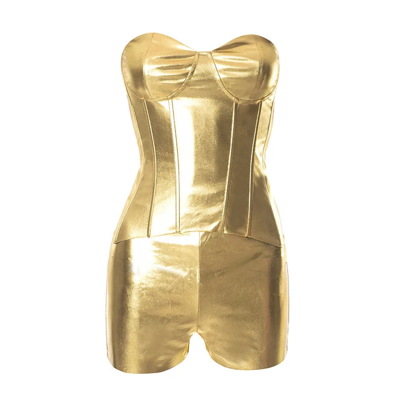 Women 2 Piece Shiny Silver Gold Leather Bustiers Corsets Slim Shorts