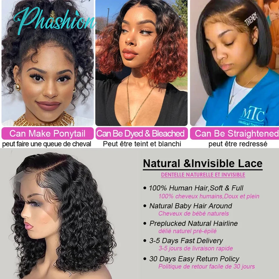 Phashion 13x4 Deep Curly Short Bob Wig Full Lace Frontal Human Hair Wigs