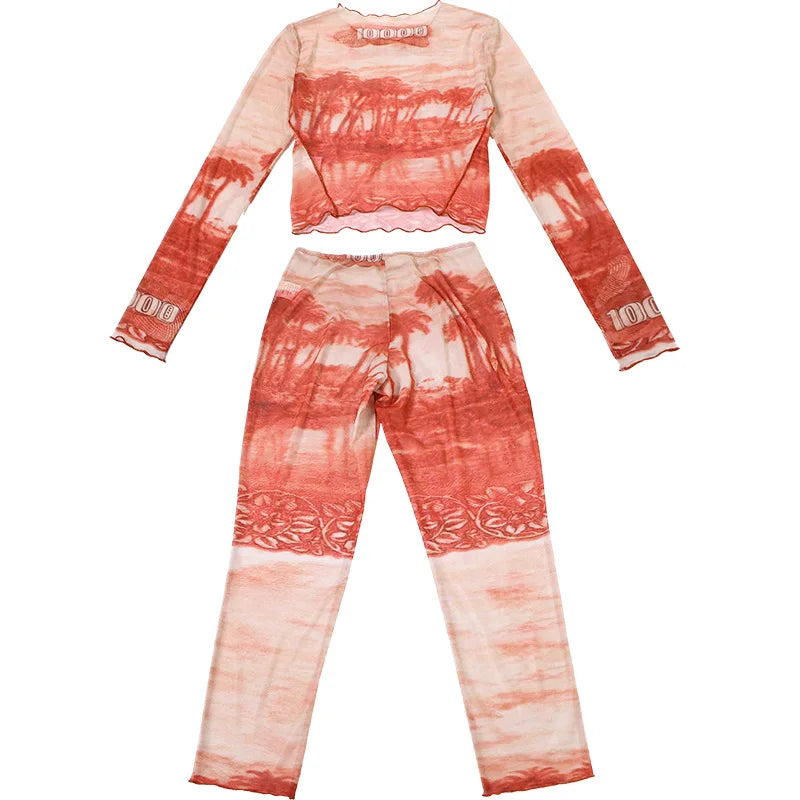 2025 Summer Sexy Mesh Print Slim 2 Piece Set Women O Neck Full