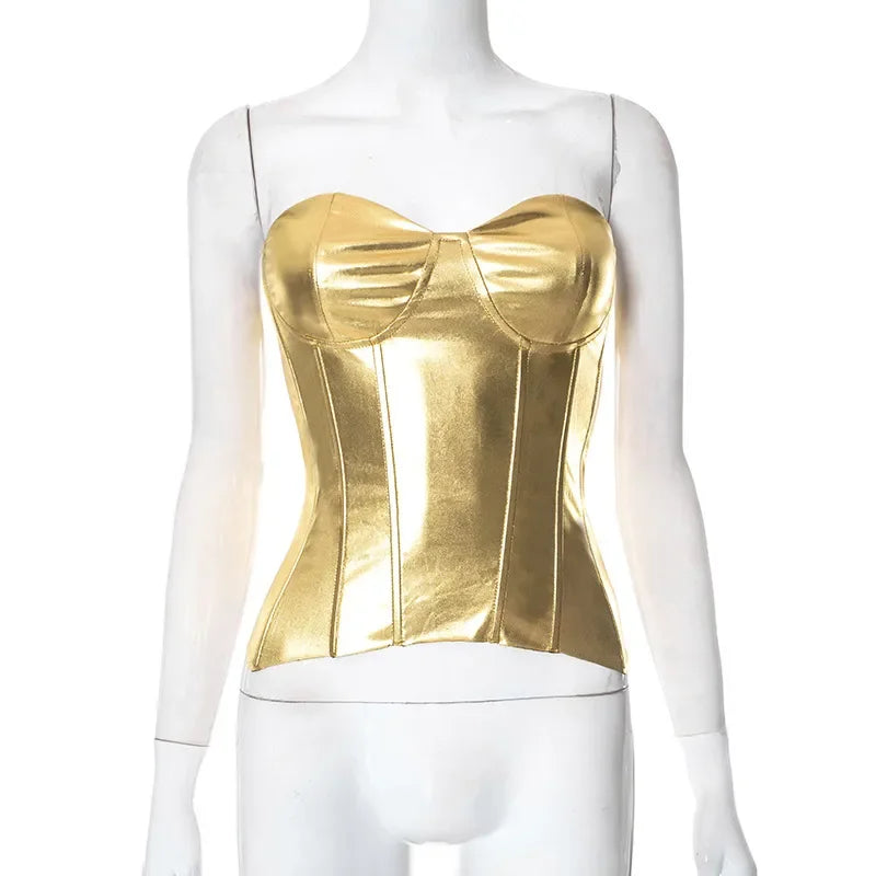 Women 2 Piece Shiny Silver Gold Leather Bustiers Corsets Slim Shorts