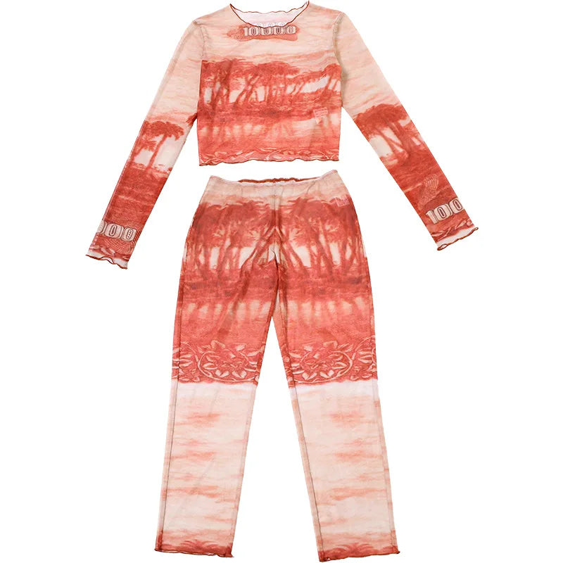 2025 Summer Sexy Mesh Print Slim 2 Piece Set Women O Neck Full