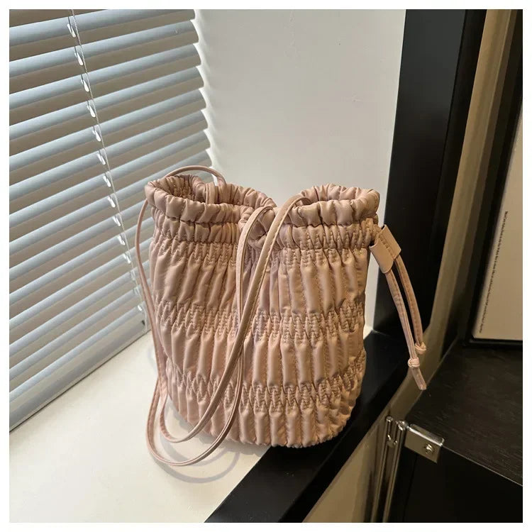Silver Pleated Drawstring Shoulder Bucket Bags Women