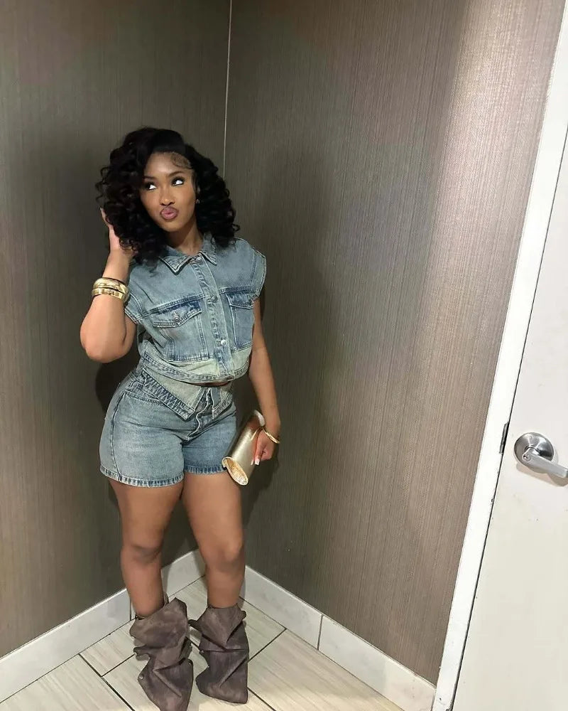 Women Fashion Denim 2 Piece Set Turn Down Collar Short Sleeve