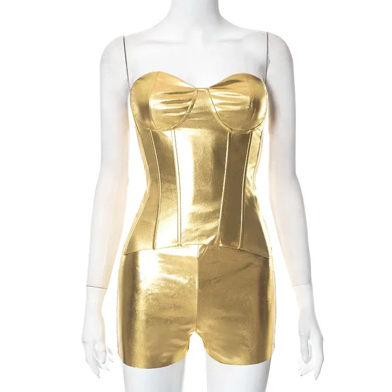 Women 2 Piece Shiny Silver Gold Leather Bustiers Corsets Slim Shorts