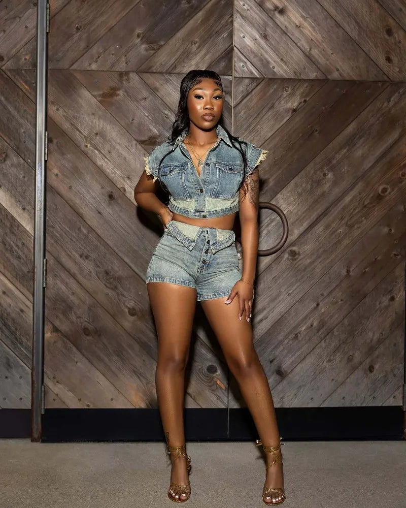 Women Fashion Denim 2 Piece Set Turn Down Collar Short Sleeve