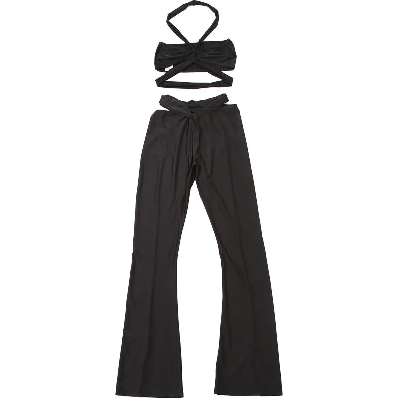 Bandage Sexy Hollow Out 2 Piece Sets Flare Pants Women Luxury