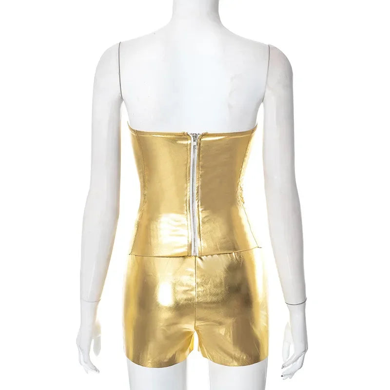 Women 2 Piece Shiny Silver Gold Leather Bustiers Corsets Slim Shorts