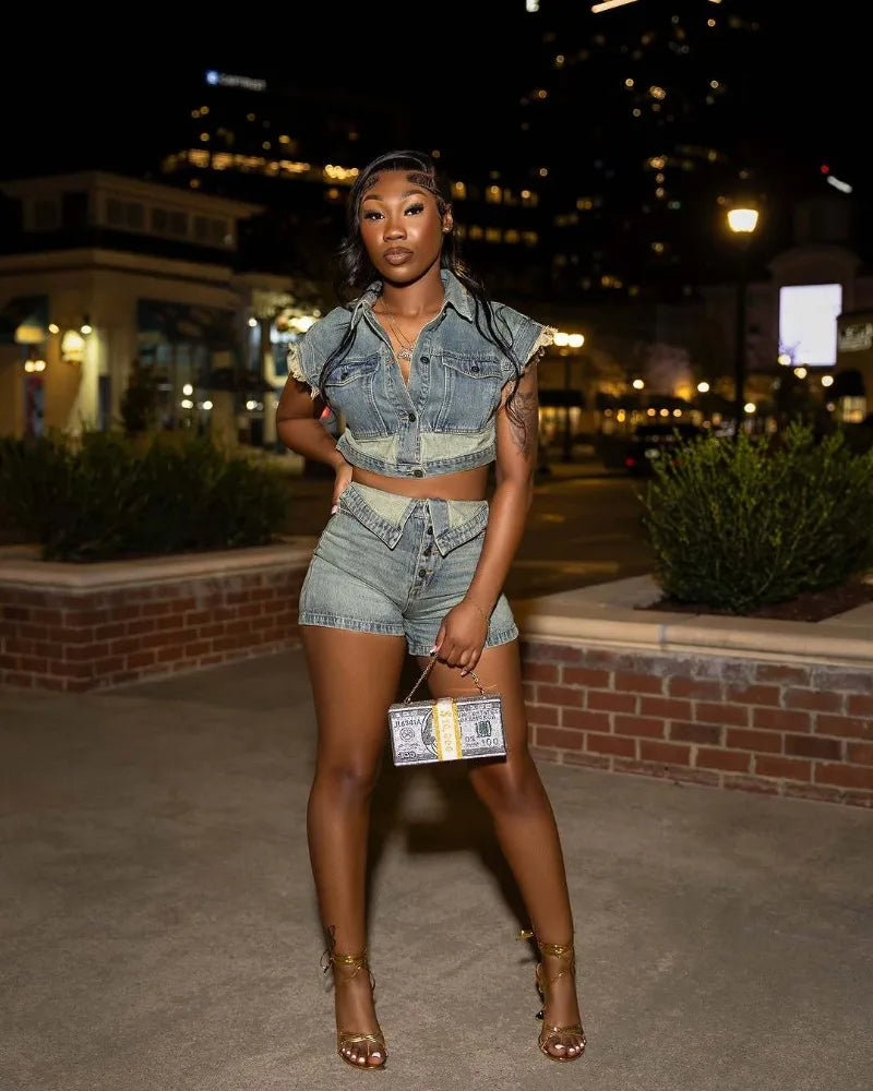 Women Fashion Denim 2 Piece Set Turn Down Collar Short Sleeve