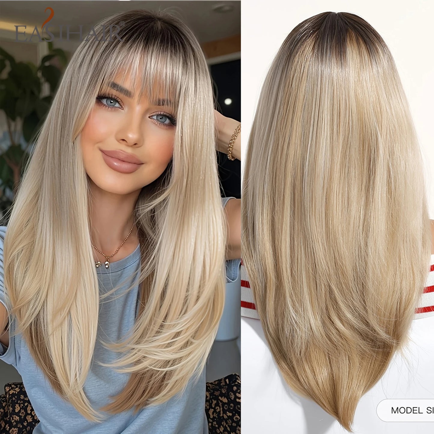 EASIHAIR Brown Straight Layered Wigs for Women Long Natural Hair