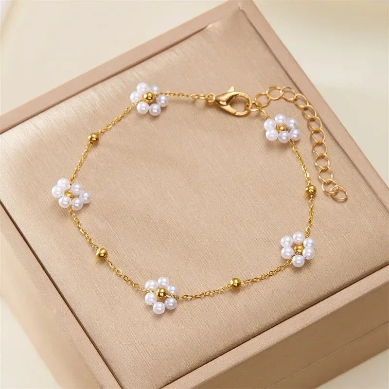 Sweet Cute Crystal Imitation Pearl Flower Bracelets
